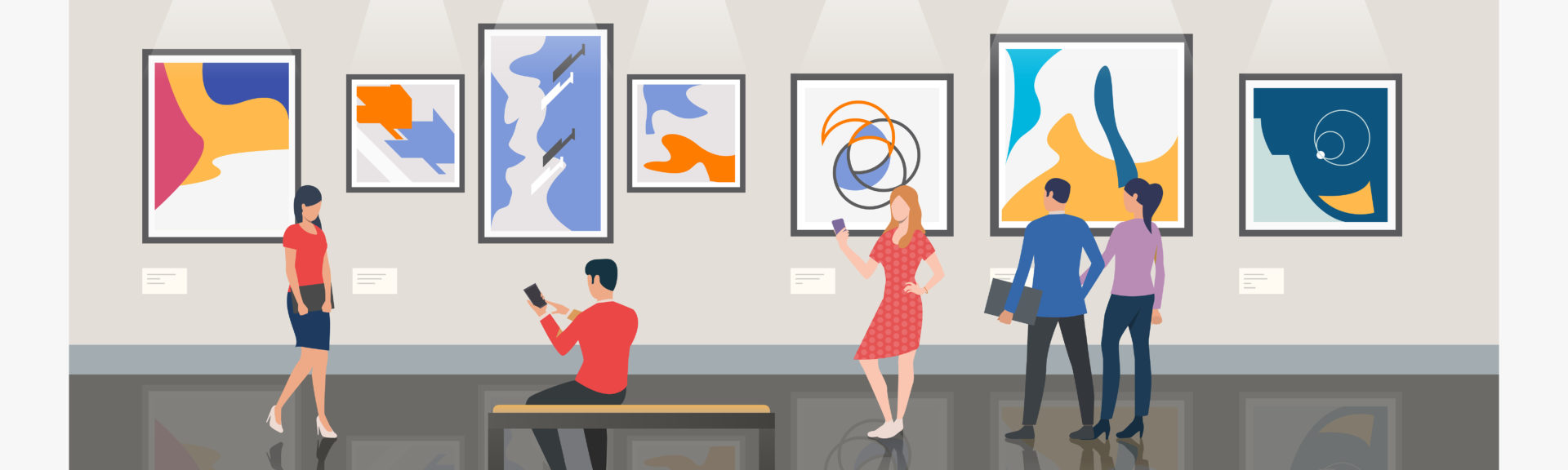 Men and women visiting museum or art gallery vector illustration